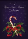 Christmas seasonal greeting card with candy cane. A Happy Joyful Merry Christmas