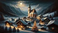 Christmas Seasonal Illustration - Rural Scene in Austria on a Cold Winter Night Royalty Free Stock Photo