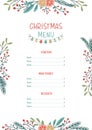 Christmas seasonal menu template with floral and fir branches. Vector illustration in retro minimalistic style. Xmas new year eve