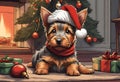 Christmas Secene. A Australian Terrier puppy dog wearing a Santa Claus hat Royalty Free Stock Photo