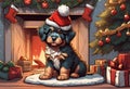 Christmas Secene. A Barbet puppy dog wearing a Santa Claus hat