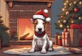 Christmas Secene. A Bull Terrier puppy dog wearing a Santa Claus hat Royalty Free Stock Photo