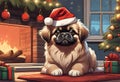 Christmas Secene. A Pekingese puppy dog wearing a Santa Claus hat