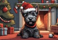 Christmas Secene. A Scottish Terrier puppy dog wearing a Santa Claus hat