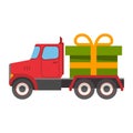 Christmas semi truck with green gift box.Tied gold ribbon bow. Royalty Free Stock Photo
