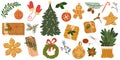 Christmas big set of elements with gingerbread cookies, Christmas tree, toys, presents, fur tree, mittens. Royalty Free Stock Photo