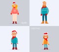 Christmas Set of cartoon family characters, parents with kids, Christmas clothes