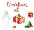 Christmas set. Christmas decorations, angel, gift box, holly Royalty Free Stock Photo