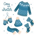 Christmas set of clothes, sweater, socks, hat, scarf and mittens. Beige and blue design with snowflakes. Illustration vector Royalty Free Stock Photo