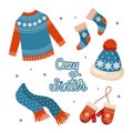 Christmas set of clothes, sweater, socks, hat, scarf and mittens. Red and blue design with snowflakes. Illustration vector Royalty Free Stock Photo