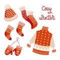 Christmas set of clothes, sweater, socks, hat, scarf and mittens. Red and white design with snowflakes. Royalty Free Stock Photo
