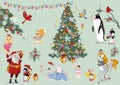 Christmas set of cute animals and birds in winter hats. Royalty Free Stock Photo