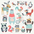 Christmas set with cute animals, hand drawn style. Royalty Free Stock Photo