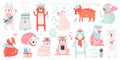 Christmas set with Cute Bears celebrating Christmas eve, handwritten letterings and other elements. Funny characters Royalty Free Stock Photo