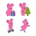 Christmas set of cute little pigs with a gift, christmas tree and skates . New Year symbol. Royalty Free Stock Photo