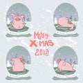 Christmas set of cute little pigs. New Year symbol. Vector winter illustration Royalty Free Stock Photo