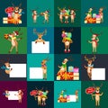 Christmas set of deer with banner , happy winter xmas holiday animal greeting card, santa helper reindeer vector
