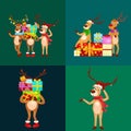 Christmas set of deer with banner isolated, happy winter xmas holiday animal greeting card, santa helper reindeer vector Royalty Free Stock Photo