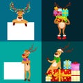 Christmas set of deer with banner isolated, happy winter xmas holiday animal greeting card, santa helper reindeer vector Royalty Free Stock Photo