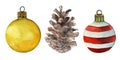 Christmas set of design elements with fir cone, balls Watercolor