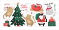 Christmas set of elements with cats, christmas tree, gifts, santa claus, hand drawn lettering.