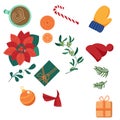 Christmas set with fir tree, mittens, toys, oranges, poinsettia, candy, mistletoe, scarf, coffee, gifts and socks Royalty Free Stock Photo
