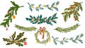 Christmas fir wreaths set. New Year Winter holiday decoration with fir branch, holly leaf and pine cones. Royalty Free Stock Photo