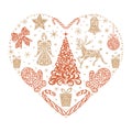 Christmas set in the form a heart: tree, angel, reindeer, Christmas ball, gift, star, bell, bow, caramel cane, mitten