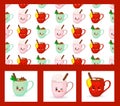Christmas set. Greeting cards and pattern. Clipart cups. Cute cartoon characters Royalty Free Stock Photo