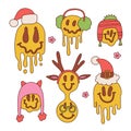 Christmas set with groovy emojis in different holiday hats. Hippie smile with Santa hat in 70s retro style. Melting