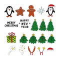 Christmas set hand drawn doodle. collection of elements for icon, sticker, card, poster, winter, trees, penguins, fireworks, gift