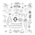 christmas set hand drawn doodle. , minimalism. winter collection, candles, decor, snowman, hot drink, clothes, sticker