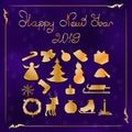 Set of Christmas and New Year elements, hand drawn style -animals and other elements. Gold and purple colors. Vector Royalty Free Stock Photo