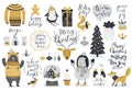 Christmas set, hand drawn style - calligraphy, animals and other elements. Royalty Free Stock Photo