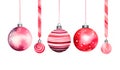 Christmas set of hanging glass balls pink, red and purple colors, delicate watercolor illustration isolated on white background Royalty Free Stock Photo