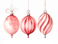 Christmas set of hanging glass balls pink, red and purple colors, delicate watercolor illustration isolated on white background Royalty Free Stock Photo