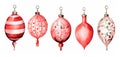 Christmas set of hanging glass balls pink, red and purple colors, delicate watercolor illustration isolated on white background