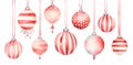 Christmas set of hanging glass balls pink, red and purple colors, delicate watercolor illustration isolated on white background Royalty Free Stock Photo