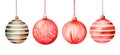 Christmas set of hanging glass balls pink, red and purple colors, delicate watercolor illustration isolated on white background Royalty Free Stock Photo