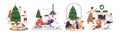 Christmas set with happy families with children at home, preparing Xmas gifts, letters and decorating fir tree Royalty Free Stock Photo