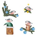 Christmas set of holiday illustrations new year with bird bullfinch, Christmas tree branches, glass ball, gingerbread