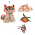 Christmas set of icons and elements, tangerine, pine cone, toy cat, cookies with a red ribbon. to create postcards, wallpaper, Royalty Free Stock Photo