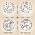 Christmas Set of illustrations in Retro style. Gingerbread, Angel, House in the Snow and Snowman. Icons and Emblems for Royalty Free Stock Photo