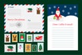 Christmas set of letter from Santa Claus, envelope and postage stamps for children, fun preschool activity for kids, vector Royalty Free Stock Photo