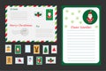 Christmas set of letter to Santa Claus, envelope and postage stamps for children, fun preschool activity for kids, vector Royalty Free Stock Photo