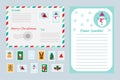 Christmas Set Of Letter To Santa Claus, Envelope And Postage Stamps For Children, Xmas Fun Preschool Activity For Kids, Vector