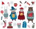Christmas set with mouses, bear, rabbit and decoration. Vector Royalty Free Stock Photo