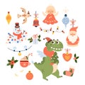 Christmas set. New Year characters Santa Claus, dragon with tree, snowman, garland, little angel, toy balls, gift with Royalty Free Stock Photo