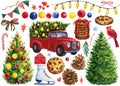 Christmas set of red car, tree, light bulbs, balls, flags, bird, bow on a white background, watercolor illustration Royalty Free Stock Photo