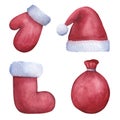 Christmas set, red mitten bag hat sock. Santa Claus clothes. Happy New Year! Hand drawn watercolor illustration isolated